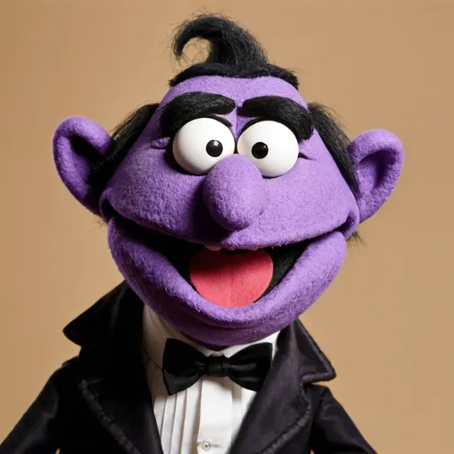 Prompt: The Count, a cute looking muppet from Sesame Street. He has fangs, a wide face, purple skin and purple nose.