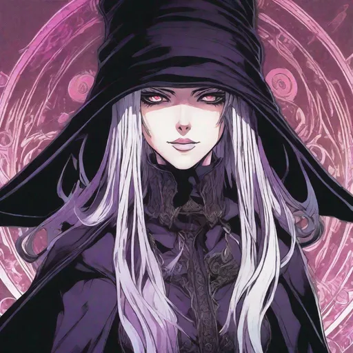 Prompt: Portrait of Shin Megami Tensei scathach drawn by Kazuma Kaneko and Shigenori Soejima. Pale white skin, black cloak, Wide black hat. Scantily clad underneath. Detailed, stylized hair with highlights or unnatural colors. Glowing eyes that convey power or otherworldly essence. 2000s Coachella colored manga art style