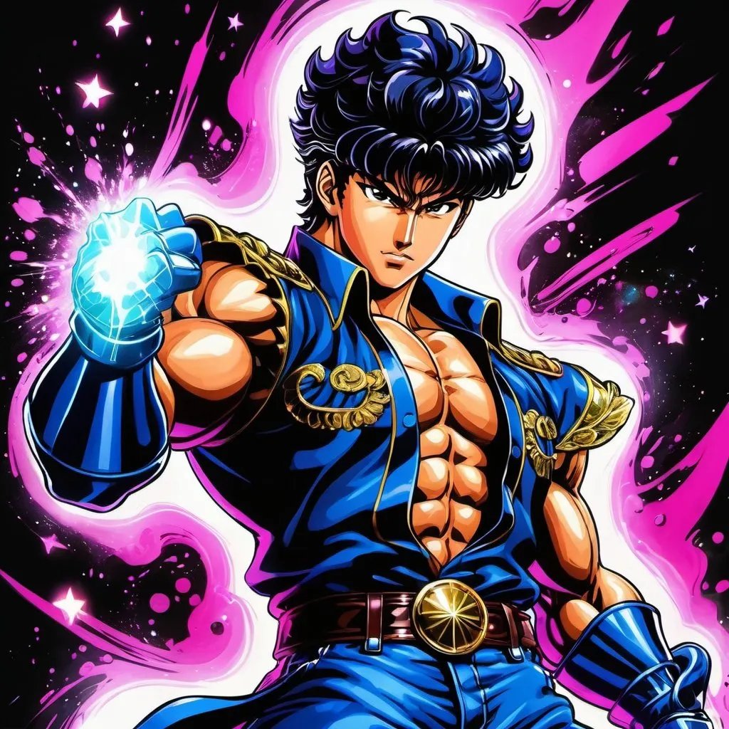 Prompt: young boy Kenshiro from fist of the north star anime series but drawn in the artstyle of Jojo's bizarre adventures stardust crusaders colorful, flashy and strikingly fashionable fantasy shonen splash art.