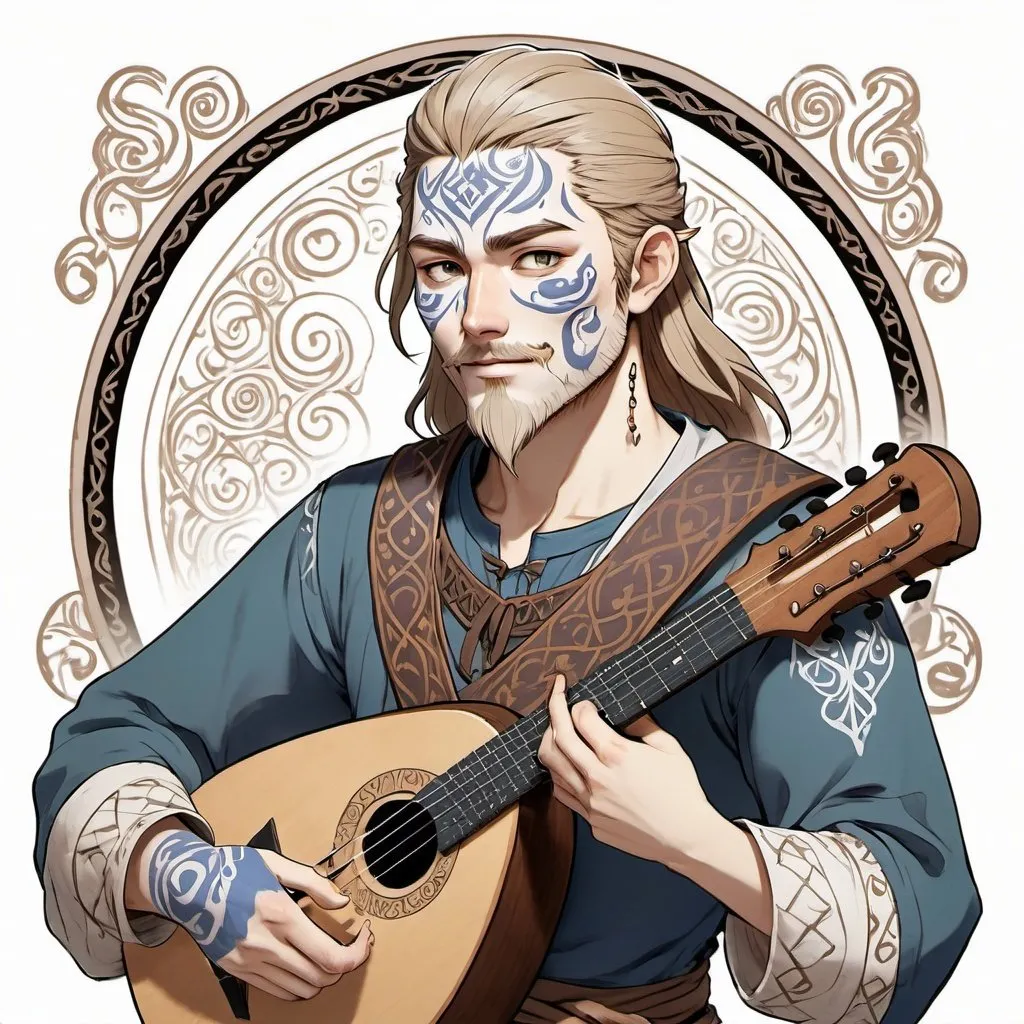 Prompt: Striking UHD linework of an anime bard wearing a plain tunic and his face is painted with viking face paint. He is playing a lute