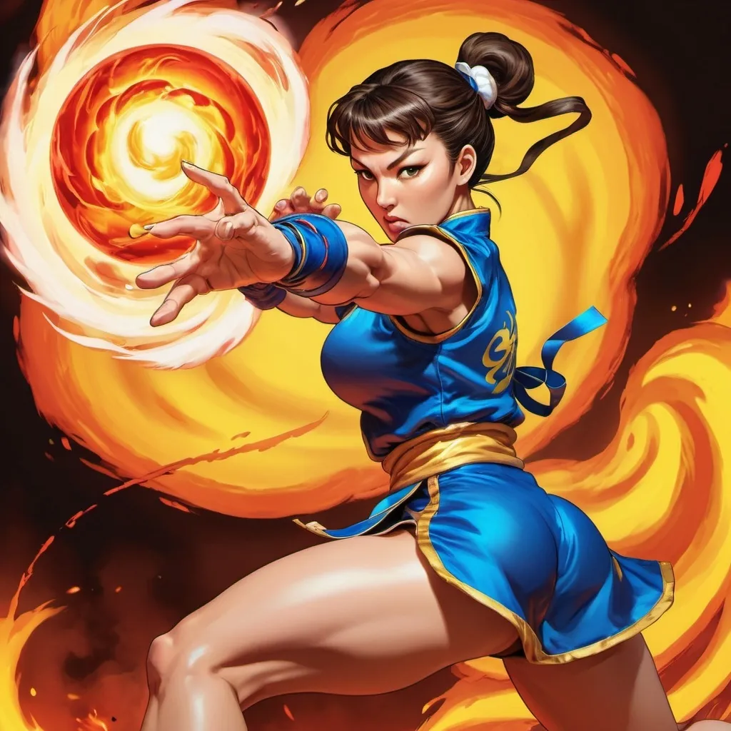 Prompt: Chun Li from Street Fighter launching a Kikoken (fireball) at her opponent. Chinese Manhwa. Fantasy, UHD. Psychedelic art.