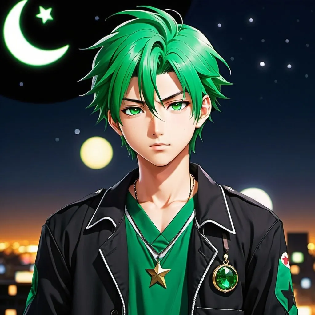 Prompt: Name: Akira Hoshi (meaning "Bright Star")

Age: 16

Appearance: Akira has short, messy crimson hair that defies gravity and bright, emerald green eyes that sparkle with determination. He's on the shorter side for his age with a lean, athletic build.  A burn scar streaks across his left arm, a constant reminder of a past accident. His usual attire is a mismatch of practicality and personal flair. He wears a well-worn black gakuran (Japanese high school uniform jacket) paired with mismatched cargo pants, one green and one blue. Around his neck hangs a silver pendant in the shape of a crescent moon.