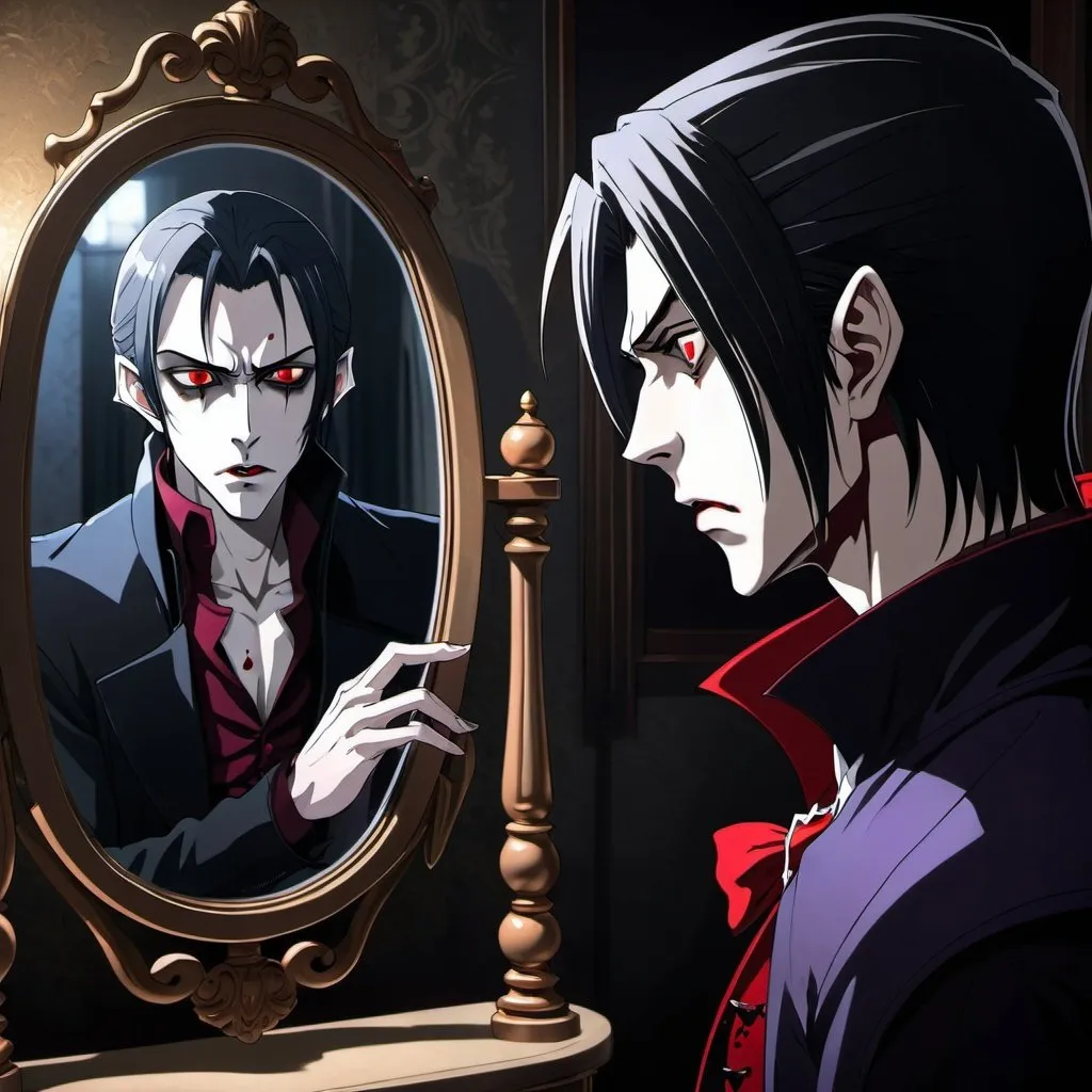 Prompt: Striking UHD artwork of an anime vampire staring at a mirror that doesn't actually reflect their image because they are a vampire