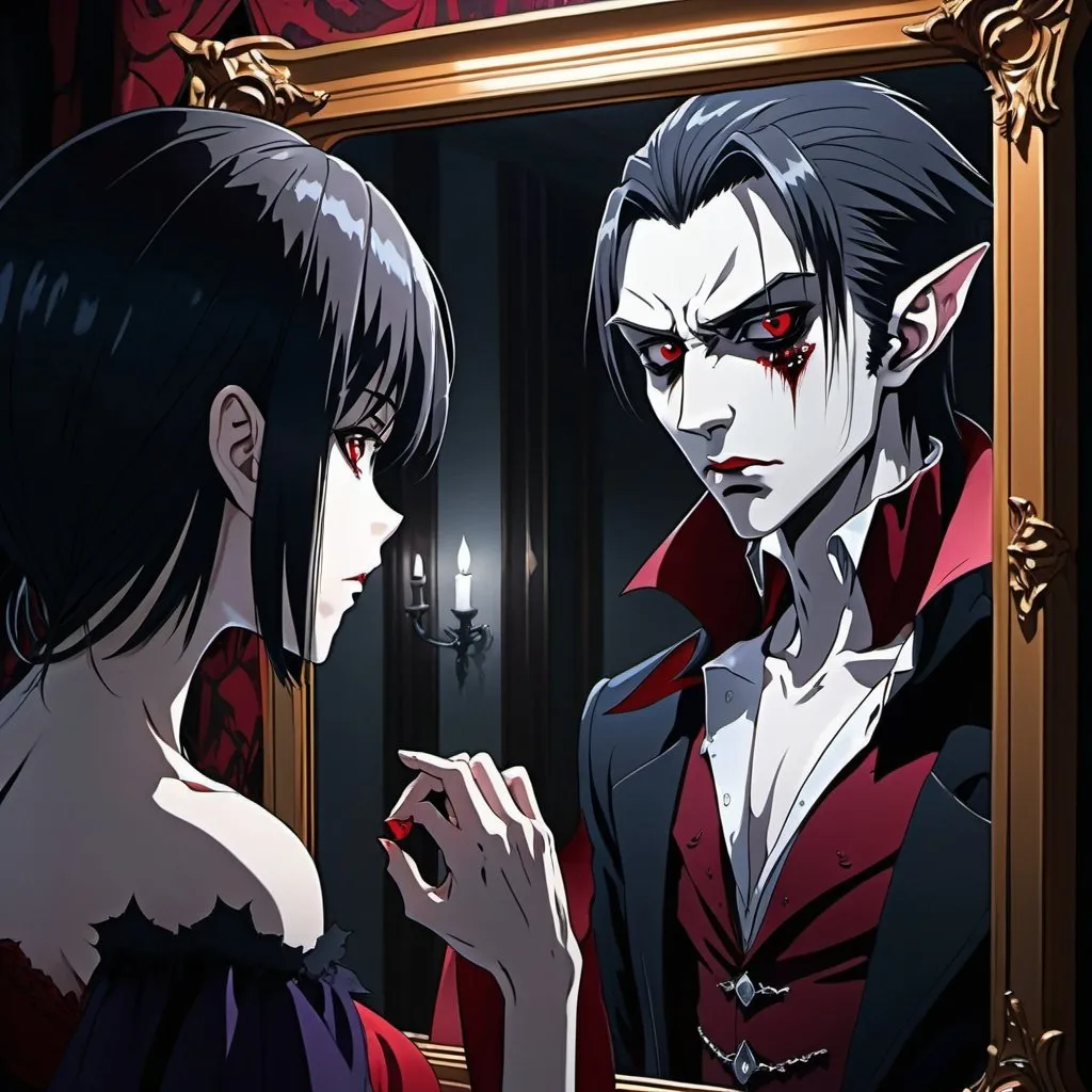 Prompt: Striking UHD artwork of an anime vampire staring at a mirror that doesn't actually reflect their image because they are a vampire