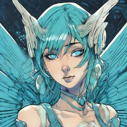 Prompt: Portrait of Shin Megami Tensei Pixie with wings. Scantily clad, playful facial expression. Detailed, stylized hair with highlights or unnatural colors. Glowing eyes that convey power or otherworldly essence. Blue and Cyan color scheme. 2000s Coachella colored manga art style drawn by Kazuma Kaneko and Shigenori Soejima