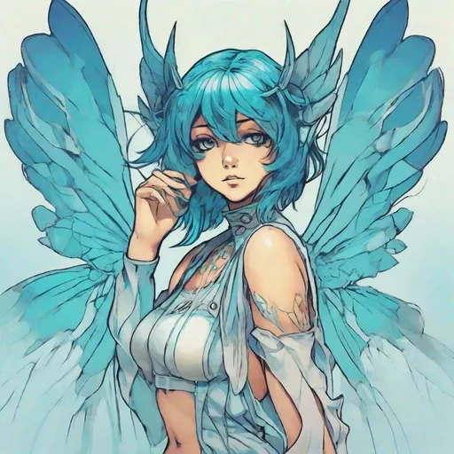 Prompt: Portrait of Shin Megami Tensei Pixie with wings. Scantily clad, playful facial expression. Detailed, stylized hair with highlights or unnatural colors. Glowing eyes that convey power or otherworldly essence. Blue and Cyan color scheme. 2000s Coachella colored manga art style