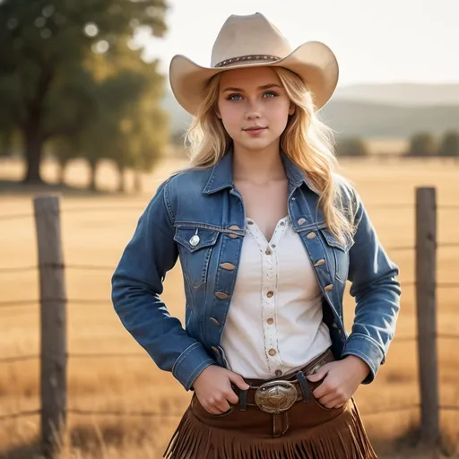 Prompt: Watercolour Pretty blonde teenage rodeo girl, vibrant blue eyes, beautiful round face, wearing a (blue denim jacket with white fringe detail), (chambray shirt), (brown suede fringed skirt), (white cowboy boots), (cowboy hat), holding a lasso, warm light, high-res, curvy physique, detailed textures, crisp focus, warm and inviting atmosphere, golden hour lighting, ranch background with fencing and open fields, vibrant colors, 4K, ultra-detailed.