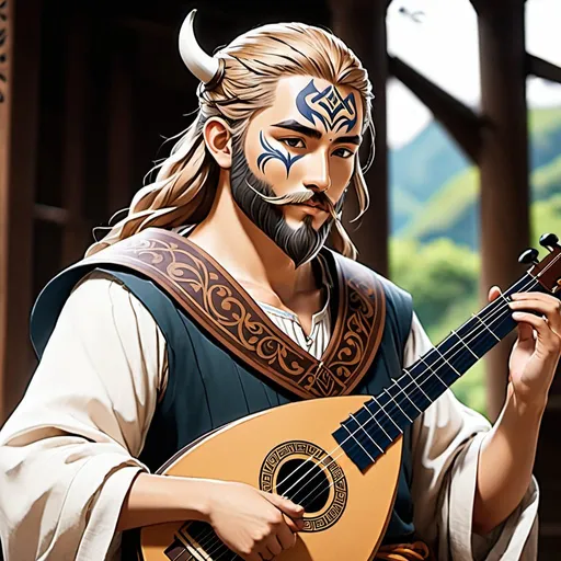 Prompt: Striking UHD linework of an anime bard wearing a plain tunic and his face is painted with viking face paint. He is playing a lute