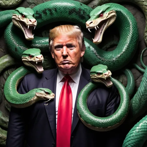 Prompt: Donald Trump as a serpent surrounded by serpents