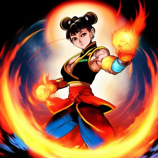 Prompt: Chun Li from Street Fighter launching a Kikoken (fireball) at her opponent. Chinese Manhwa. Fantasy, UHD. Psychedelic art.