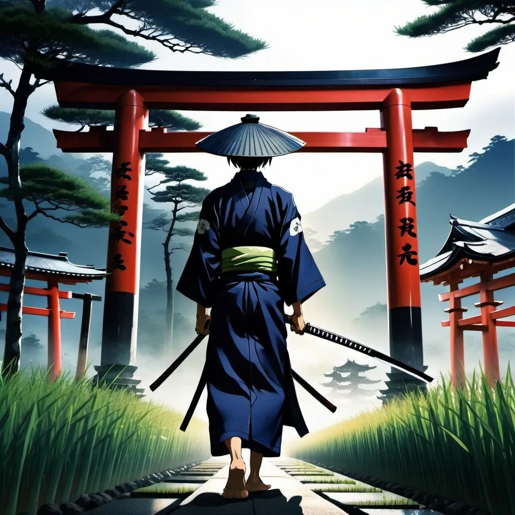 Prompt: Striking image of an anime samurai wearing a plain dark blue yukata with a rice paddy hat, and a mysterious aura, walking under a torii at japanese temple. He is holding an unsheathed katana in his left hand, and his wakizashi in his right hand.