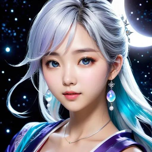 Prompt: Name: Tsukiko (meaning "Lily Moon Child")

Age: Unknown (appears to be in her late teens/early twenties)

Appearance:  Tsukiko's beauty is ethereal and otherworldly. Her long, silver hair flows down her back like moonlight, framing eyes that shift between a soft lavender and a piercing icy blue.  Her slender figure is draped in flowing silks that shimmer with an opalescent sheen, the colors changing depending on the light.  A single silver earring shaped like a crescent moon adorns her left ear.

Personality: Tsukiko is an enigma wrapped in a mystery.  She appears and disappears at will, often leaving cryptic messages or clues in her wake.  Her motives are unclear,  and she can be both playful and unsettling. Despite her aloofness, she possesses a deep well of knowledge and seems to have a vested interest in the main character's journey.  Some whisper she may not even be human, but a supernatural being of some sort.