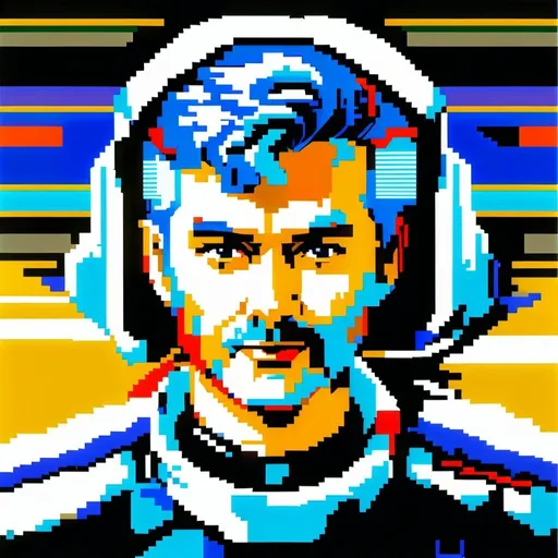 Prompt: retro digital pixelart portrait of a veteran space wing commander pilot colonel bluehair spirit angel maverick for DOS SNES with dithering shading 16-bit colour depth masks raster. pixelated, nearest neighbours resampling, posterization