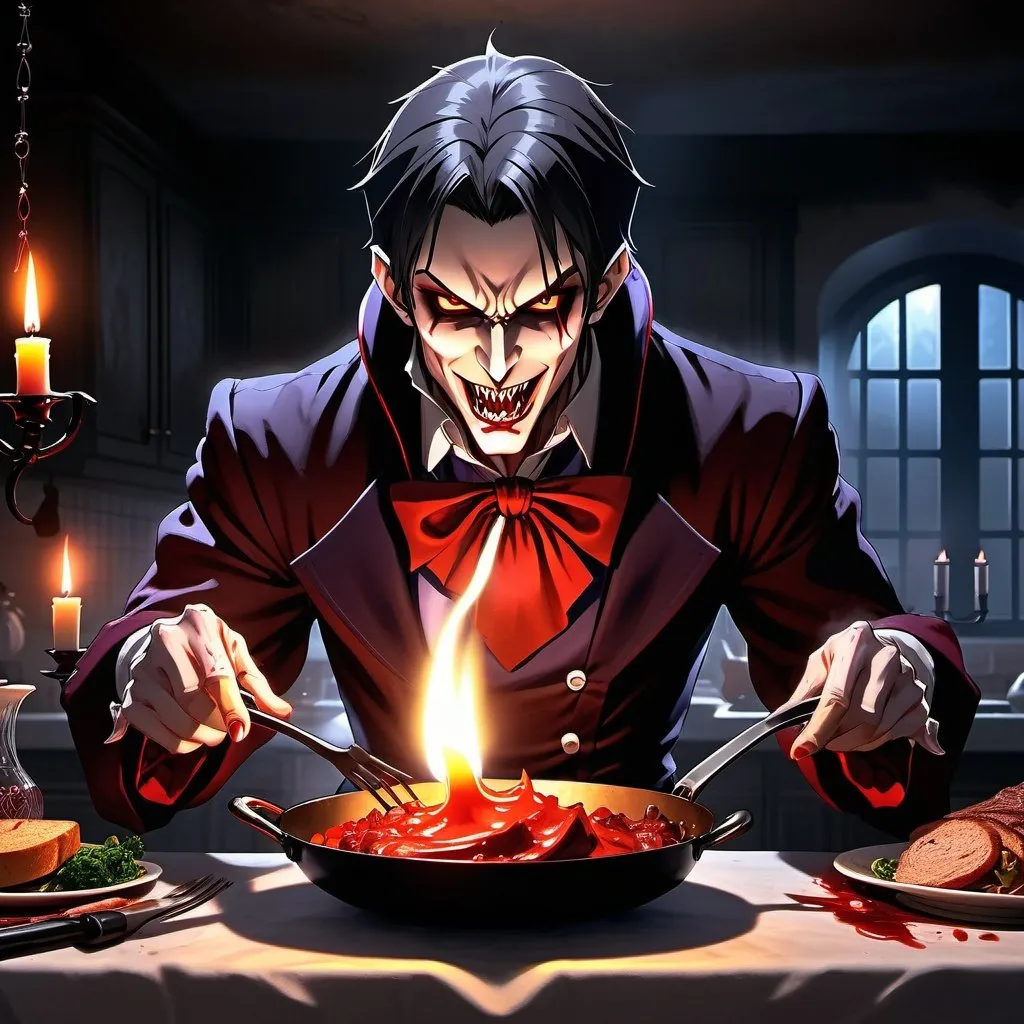 Prompt: Striking UHD splash art of an evil anime vampire cooking an evil candlelit dinner while cackling fiendishly