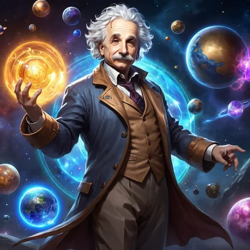 Prompt: Full-body banner art of Einstein as a playable artificer character in league of legends. He has full mastery over gravity, planets and stars. UHD, full colours, powerful, masterpiece. Special relativity and quantum physics at his fingertips