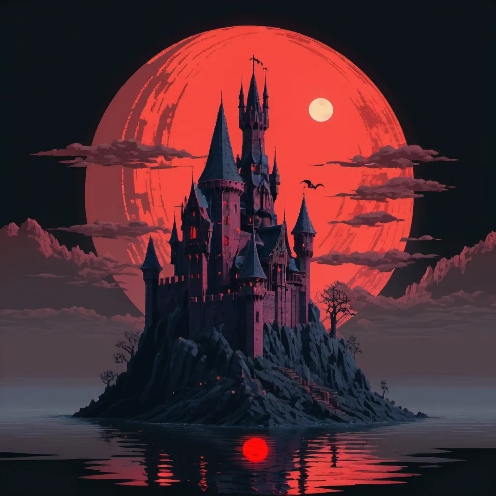 Prompt: Low poly Castlevania sprite of Dracula's floating Castle with a red moon in the background. Celtic EGA pixel art from the 1990s. Drawn by pixelparmesan, LUX, ット絵 ピクシブ, Itzah, シブチャ, 無題 いの. Stanley Rosewood. Full colours, Surrealism Mysterious Weird, Fantasy. detailed masterpiece. full body shot. Bit-depth, dithering, anti-aliasing, CRT.