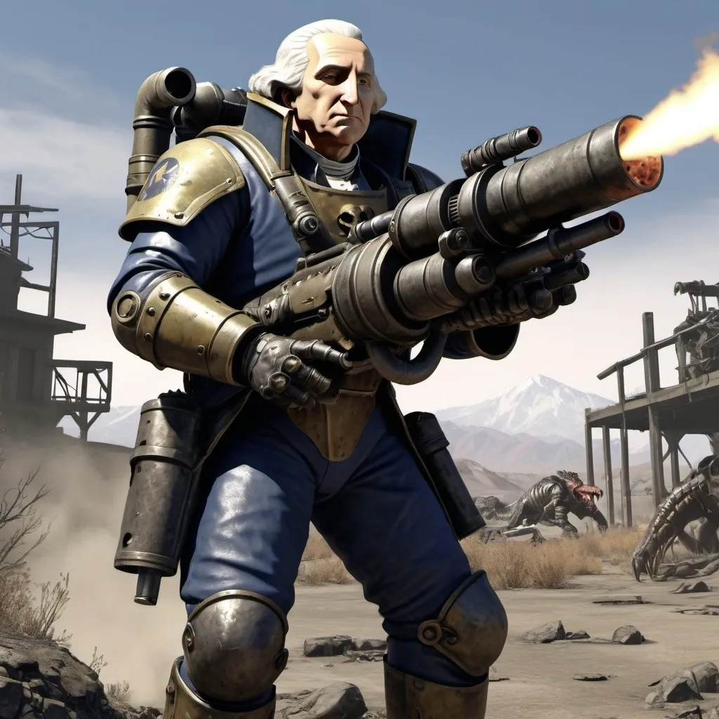 Prompt: george washington in power armour from the fallout game series holding a minigun shooting a deathclaw