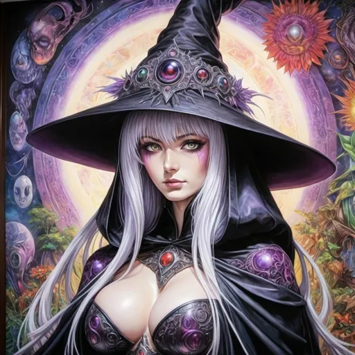 Prompt: Mural of Shin Megami Tensei scathach drawn by Josephine Wall, Kazuma Kaneko and Shigenori Soejima. Pale white skin, black cloak, Wide black hat. Scantily clad underneath. Detailed, stylized hair with highlights or unnatural colors. Glowing eyes that convey power or otherworldly essence. 2000s Coachella colored manga art style