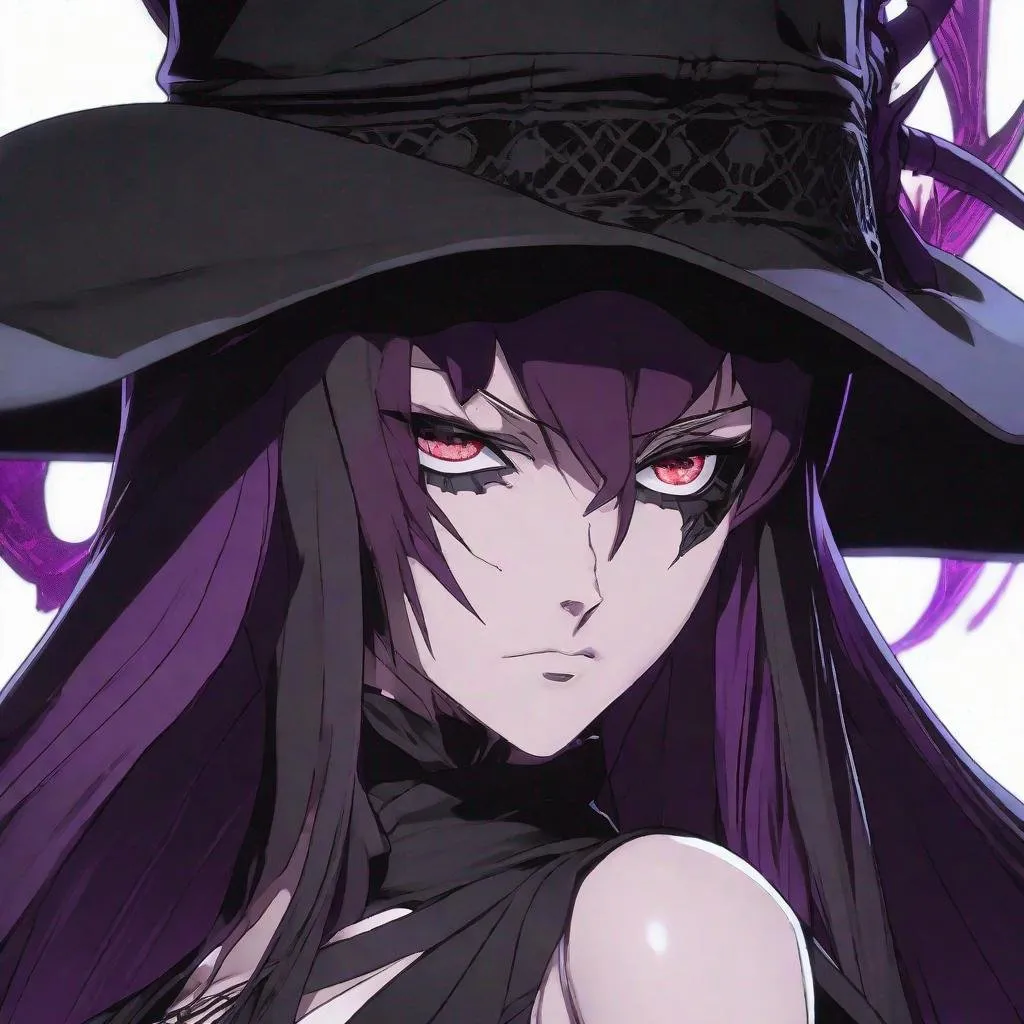 Prompt: Half body shot of Shin Megami Tensei Scathach demon drawn by Kazuma Kaneko and Shigenori Soejima. Pale vampiric white skin. Black opaque hair veil that goes down to the leg. Wide black hat. Sleeveless black crop top. Detailed, stylized hair with highlights or unnatural colors. Glowing eyes that convey power or otherworldly essence. 2000s Coachella colored manga art style