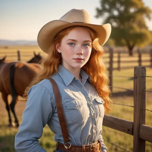 Prompt: Ash painting art of a Pretty ginger teenage rodeo girl, vibrant blue eyes, beautiful round face, warm light, high-res, curvy physique, detailed textures, crisp focus, warm and inviting atmosphere, golden hour lighting, ranch background with fencing and open fields. Circa 1900s
