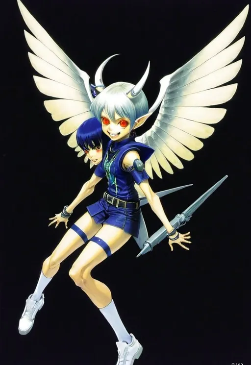 Prompt: Portrait of Shin Megami Tensei Pixie with wings by Kazuma Kaneko and Shigenori Soejima. Childish, laughing, playful facial expression. Detailed, stylized hair with highlights or unnatural colors. Glowing eyes that convey power or otherworldly essence. 2000s Coachella colored manga art style
