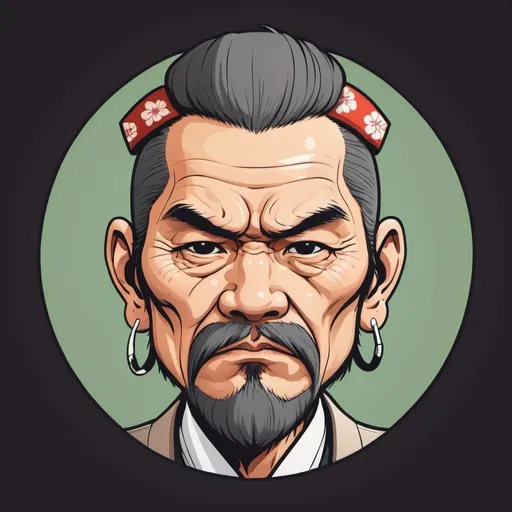 Prompt: hand-drawn character caricature of an old-school gruff looking yakuza wearing a headband. circular display picture. cartoonish, flat color art, simple, minimalist