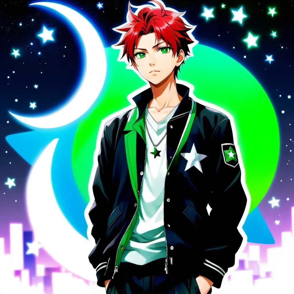 Prompt: Name: Akira Hoshi (meaning "Bright Star")

Age: 16

Appearance: Akira has short, messy crimson hair that defies gravity and bright, emerald green eyes that sparkle with determination. He's on the shorter side for his age with a lean, athletic build.  A burn scar streaks across his left arm, a constant reminder of a past accident. His usual attire is a mismatch of practicality and personal flair. He wears a well-worn black gakuran (Japanese high school uniform jacket) paired with mismatched cargo pants, one green and one blue. Around his neck hangs a silver pendant in the shape of a crescent moon.