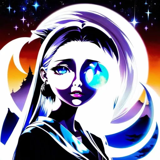 Prompt: Name: Tsukiko (meaning "Lily Moon Child")

Age: Unknown (appears to be in her late teens/early twenties)

Appearance:  Tsukiko's beauty is ethereal and otherworldly. Her long, silver hair flows down her back like moonlight, framing eyes that shift between a soft lavender and a piercing icy blue.  Her slender figure is draped in flowing silks that shimmer with an opalescent sheen, the colors changing depending on the light.  A single silver earring shaped like a crescent moon adorns her left ear.

Personality: Tsukiko is an enigma wrapped in a mystery.  She appears and disappears at will, often leaving cryptic messages or clues in her wake.  Her motives are unclear,  and she can be both playful and unsettling. Despite her aloofness, she possesses a deep well of knowledge and seems to have a vested interest in the main character's journey.  Some whisper she may not even be human, but a supernatural being of some sort.