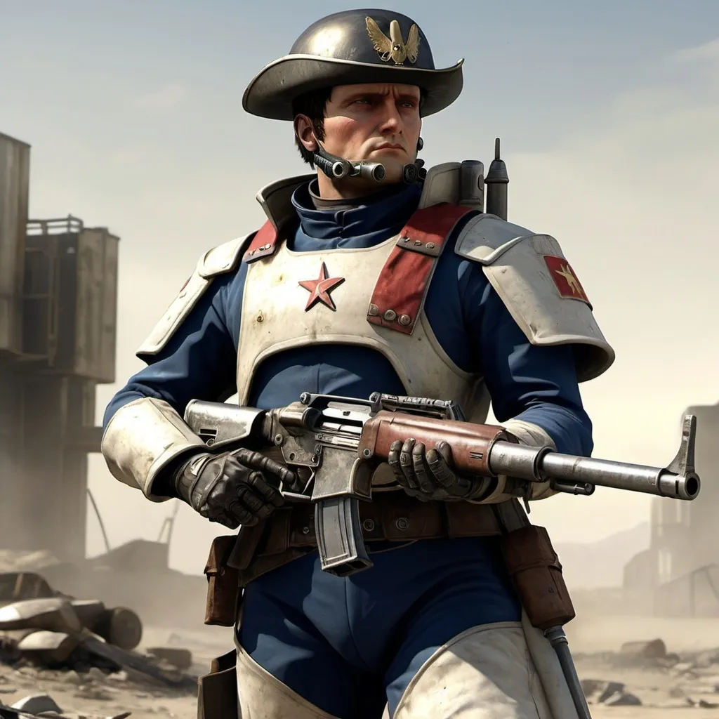 Prompt: Napoleon in NCR ranger combat armor from the fallout game series equipped with an anti-material rifle