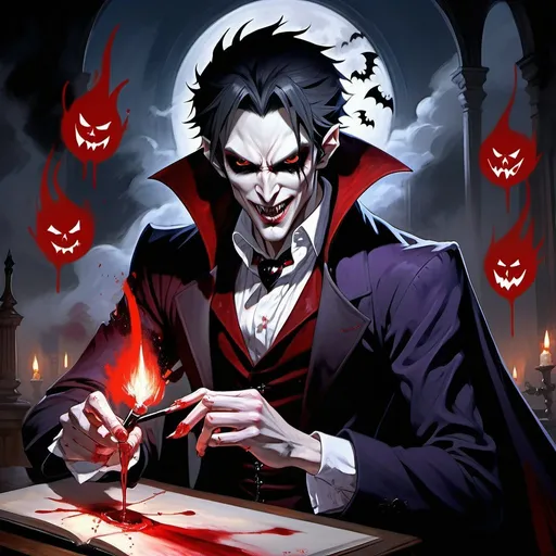 Prompt: Striking UHD splash art of an evil anime vampire painting an evil picture in his leisure time while cackling fiendishly