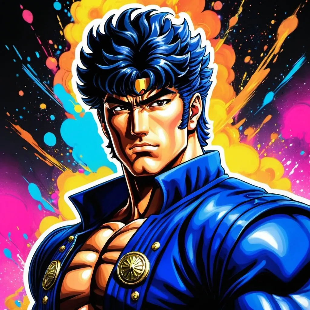 Prompt: Kenshiro from fist of the north star anime series but drawn in the artstyle of Jojo's bizarre adventures stardust crusaders colorful, flashy and strikingly fashionable fantasy shonen splash art