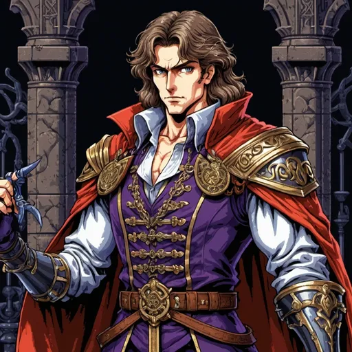 Prompt: Upscaled castlevania sprite of Julian Belmont. Celtic EGA pixel art from the 1990s. Drawn by pixelparmesan, LUX, ット絵 ピクシブ, Itzah, シブチャ, 無題 いの. Stanley Rosewood. Full colours, Surrealism Mysterious Weird, Fantasy. detailed masterpiece. full body shot. Bit-depth, dithering, anti-aliasing, CRT.