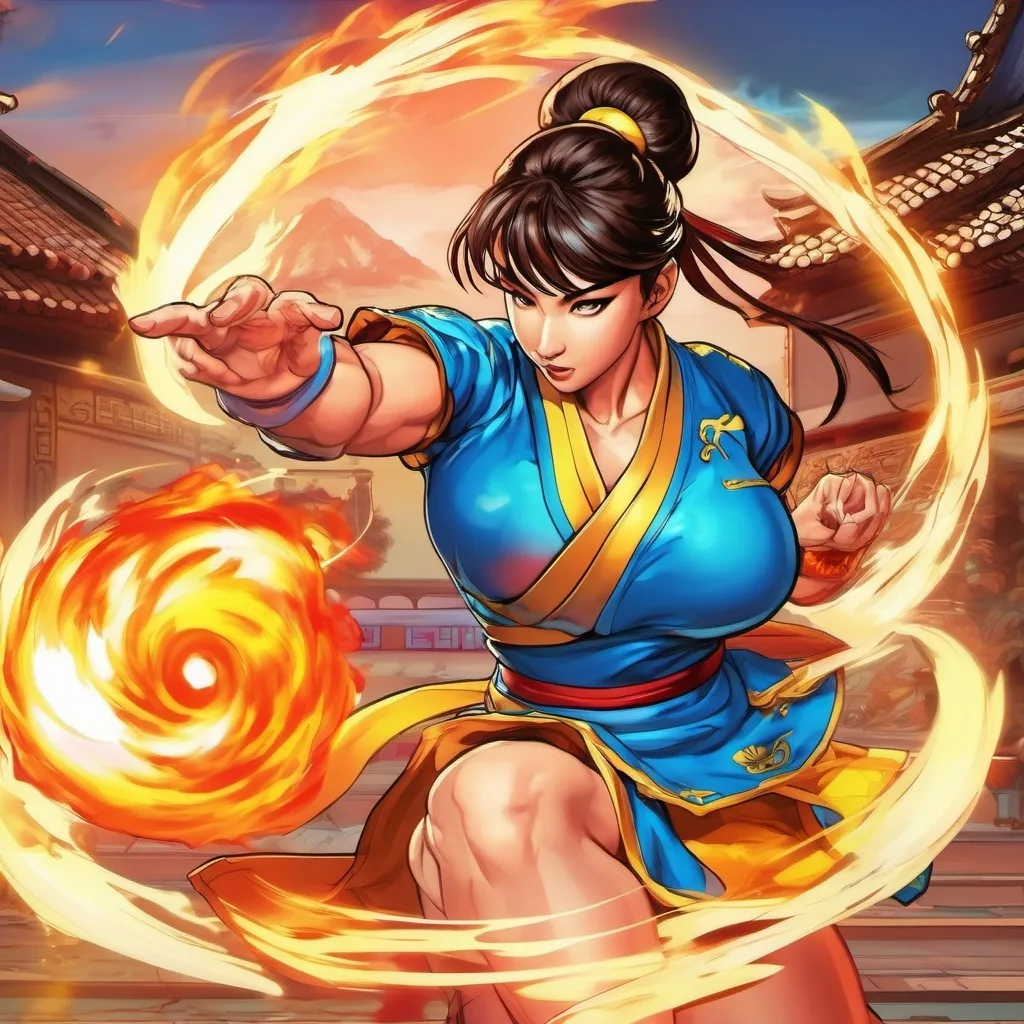 Prompt: Chun Li from Street Fighter launching a Kikoken (fireball) at her opponent. Chinese Manhwa. Fantasy, UHD. Psychedelic art.