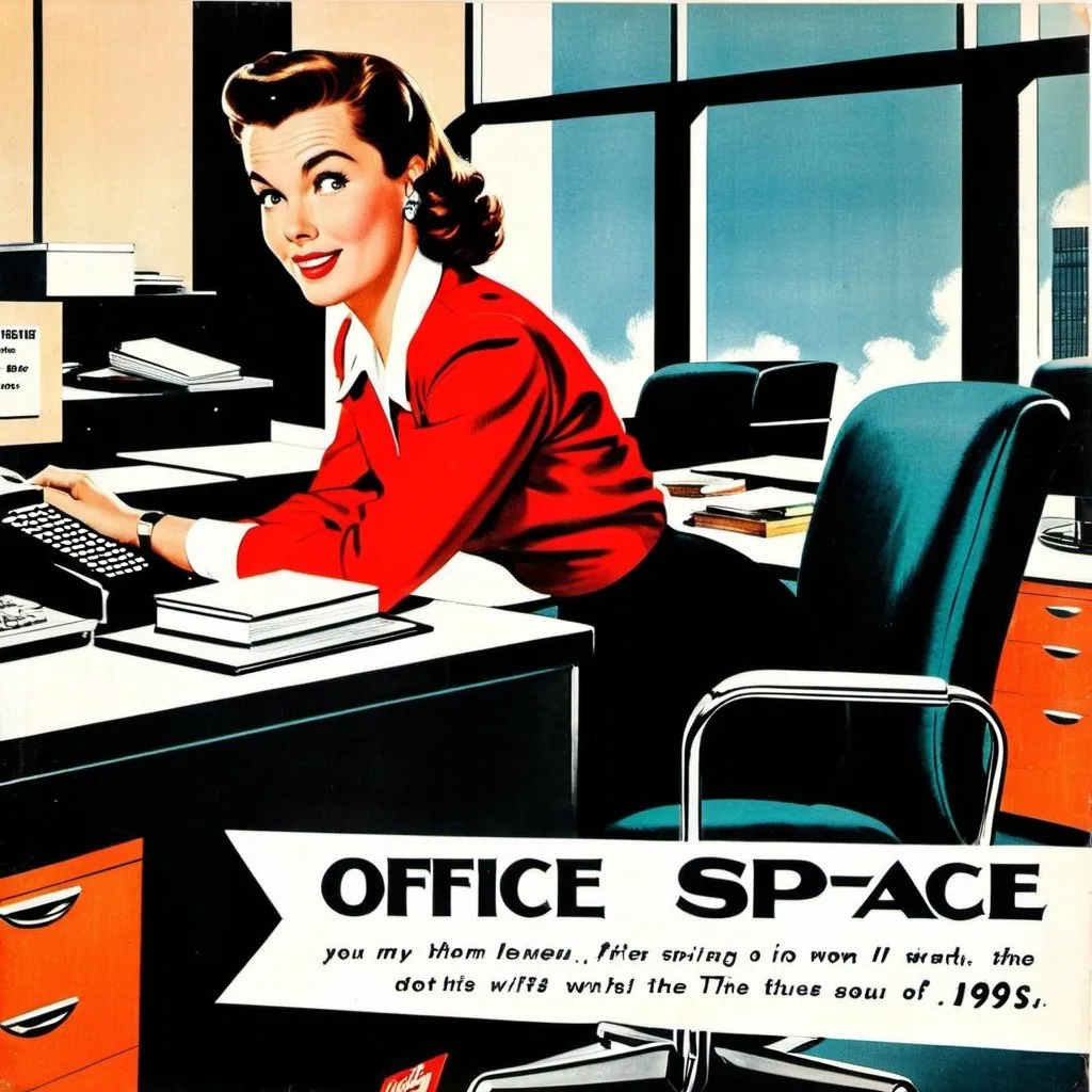 Prompt: Vintage retro art advertisement for office space from the 1950’s