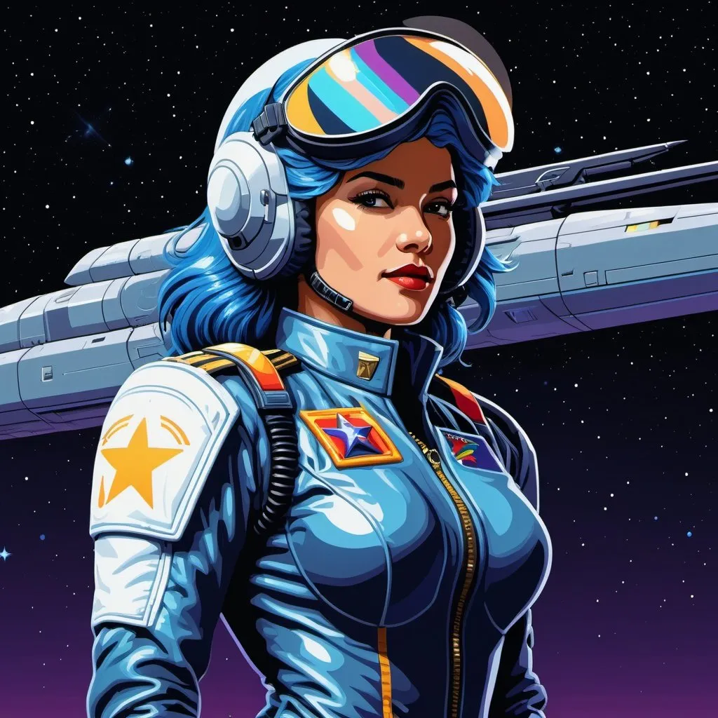 Prompt: retro digital pixelart portrait of a veteran space wing commander pilot colonel bluehair spirit angel maverick for DOS SNES with dithering shading 16-bit colour depth masks raster.

Her attire is sleek and streamlined, designed for maximum mobility and agility in combat. She wears a form-fitting bodysuit 