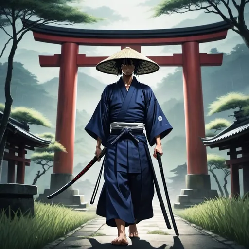 Prompt: Striking image of an anime samurai wearing a plain dark blue yukata with a rice paddy hat, and a mysterious aura, walking under a torii at japanese temple. He is holding an unsheathed katana in his left hand, and his wakizashi in his right hand.