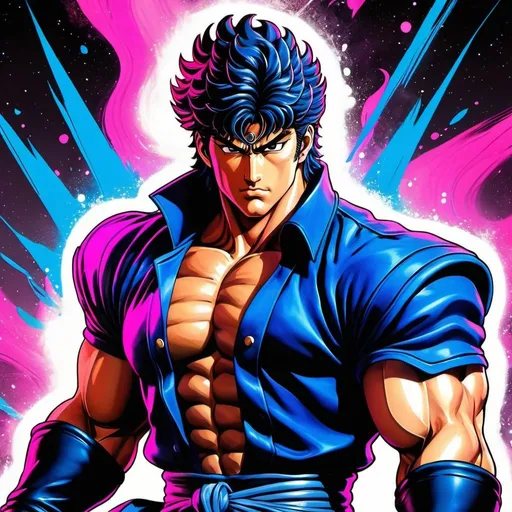 Prompt: Kenshiro from fist of the north star anime series but drawn in the artstyle of Jojo's bizarre adventures stardust crusaders colorful, flashy and strikingly fashionable fantasy shonen splash art. Kenshiro is in a fighting stance. His soul, which looks like a ghostly version of him, is standing behind him over his shoulder