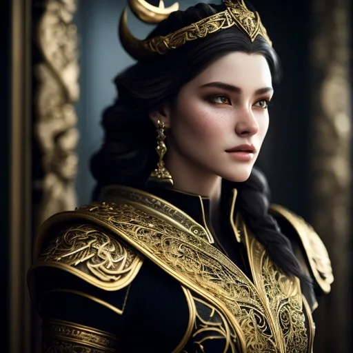 Prompt: high-quality renaissance full-body portrait of a hyperdetailed Vikings tall girl with hyper detailed white armor with golden and silver filigree, black robe, hyperdetailed dark hair, masterpiece, hyperdetailed full body, hyperdetailed attractive face and nose, complete body view,((hyperdetailed muscle)) ((hyperdetailed eyes)), perfect body, ultra-realistic, 3d lighting, beauty, feminine romance, professional, feminine, perfect composition, unreal engine 8k octane, 3d lighting, UHD, HDR, 8K, render, HD, trending on artstation, front view