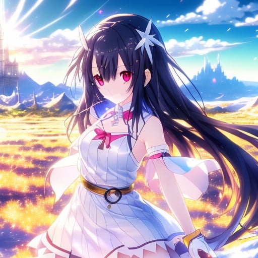 Prompt: anime UHD splash art Summon Night Swordcraft Story art remastered, full body close-up, highres, upscaled, towa-sama, clear eyes. whitesands desert. beautiful glittery anime eyes. Skies in the sunshine an amazing wonder to behold