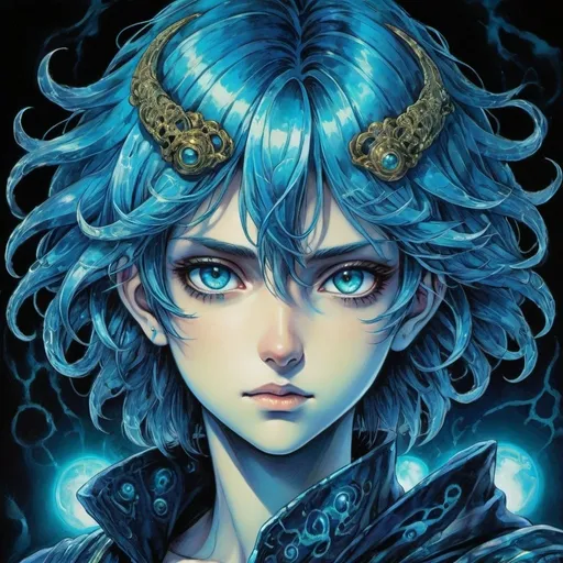 Prompt: Portrait of Shin Megami Tensei Demi Fiend. Detailed, stylized hair with highlights or unnatural colors. Otherworldly glowing eyes. A dark, smoky background with hints of neon lights or cryptic symbols. Blue and Cyan color scheme. Manga drawn by Josephine Wall, Kazuma Kaneko and Shigenori Soejima.