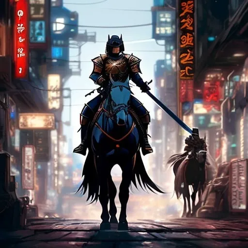 Prompt: anime by joe hisashi of a knight in steel plate armour riding on horseback who time travelled into a cyberpunk world.