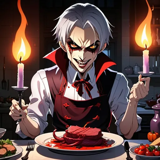 Prompt: Striking UHD splash art of an evil anime vampire cooking an evil candlelit dinner while cackling fiendishly