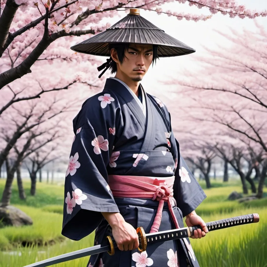 Prompt: Striking image of an anime samurai wearing a yukata with a rice paddy hat, and a mysterious aura, standing amidst cherry blossom trees. he is holding an unsheathed katana in his left hand, and his wakizashi in his right hand.