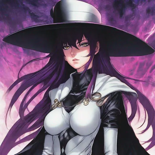 Prompt: Portrait of Shin Megami Tensei scathach drawn by Kazuma Kaneko and Shigenori Soejima. Pale white skin, black cape, Wide black hat. Sleeveless crop top, no pants. Detailed, stylized hair with highlights or unnatural colors. Glowing eyes that convey power or otherworldly essence. 2000s Coachella colored manga art style