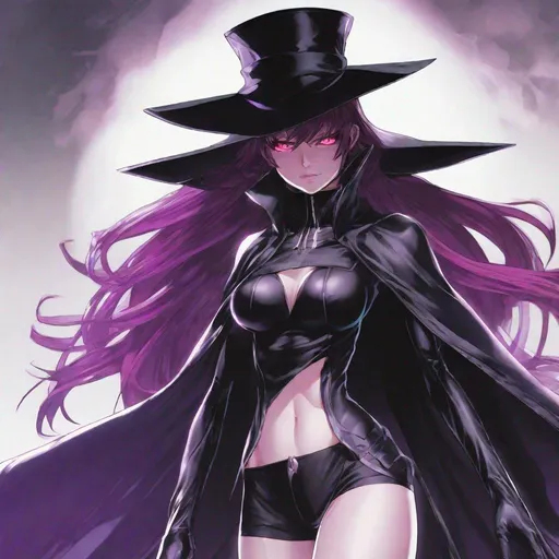 Prompt: Half body shot of Shin Megami Tensei Scathach demon drawn by Kazuma Kaneko and Shigenori Soejima. Pale vampiric white skin. Black cape, Wide black hat. Sleeveless black crop top, no pants, no jacket. Detailed, stylized hair with highlights or unnatural colors. Glowing eyes that convey power or otherworldly essence. 2000s Coachella colored manga art style