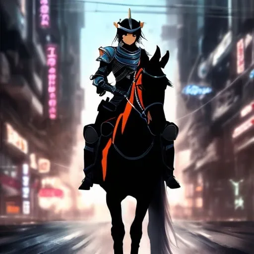 Prompt: anime by joe hisashi of a knight in steel plate armour riding on horseback who time travelled into a cyberpunk world.