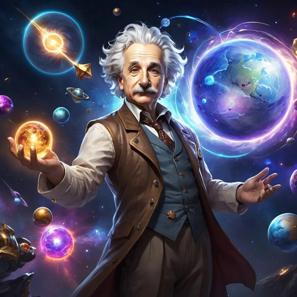 Prompt: Full-body banner art of Einstein as a playable artificer character in league of legends. He has full mastery over gravity, planets and stars. Confidence exudes from his face and posture. UHD, full colours, powerful, masterpiece. Photons emanate from his palm as he wields highly technological devices