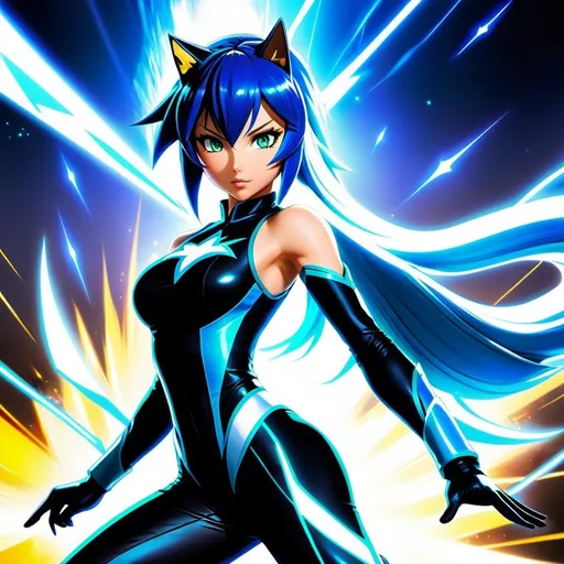 Prompt: an (anime) very pretty girl who channels the speed and agility of Speed o' Sonic Hololive. She is a nimble and agile fighter with lightning-fast reflexes and a competitive edge. With her piercing emerald eyes that gleam with determination, She exudes an air of confidence and readiness for action. Her hair is a sleek and glossy shade of midnight black, styled in a dynamic and aerodynamic manner that reflects her swift movements.

Her attire is sleek and streamlined, designed for maximum mobility and agility in combat. She wears a form-fitting bodysuit 