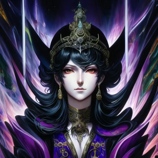 Prompt: Mural of Shin Megami Tensei scathach drawn by Josephine Wall, Kazuma Kaneko and Shigenori Soejima. Pale white skin, black cloak, Wide black hat. Scantily clad underneath. Detailed, stylized hair with highlights or unnatural colors. Glowing eyes that convey power or otherworldly essence. 2000s Coachella colored manga art style