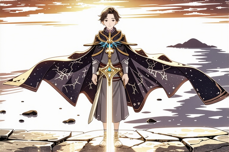 Prompt: A young boy stands at the edge of a cliff, the setting sun reflecting over the sea. He wears ceremonial robes and carries the scabbard of the Golden Sword on his back. The wind moves his hair and cloak as he gazes into the distance with determination.